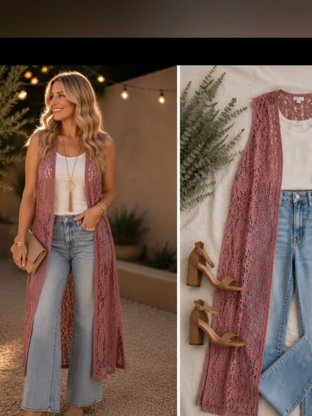 Boho! GORGEOUS Dusty Rose Mauve Lace Duster Joy Vest, Effortless Style Layering